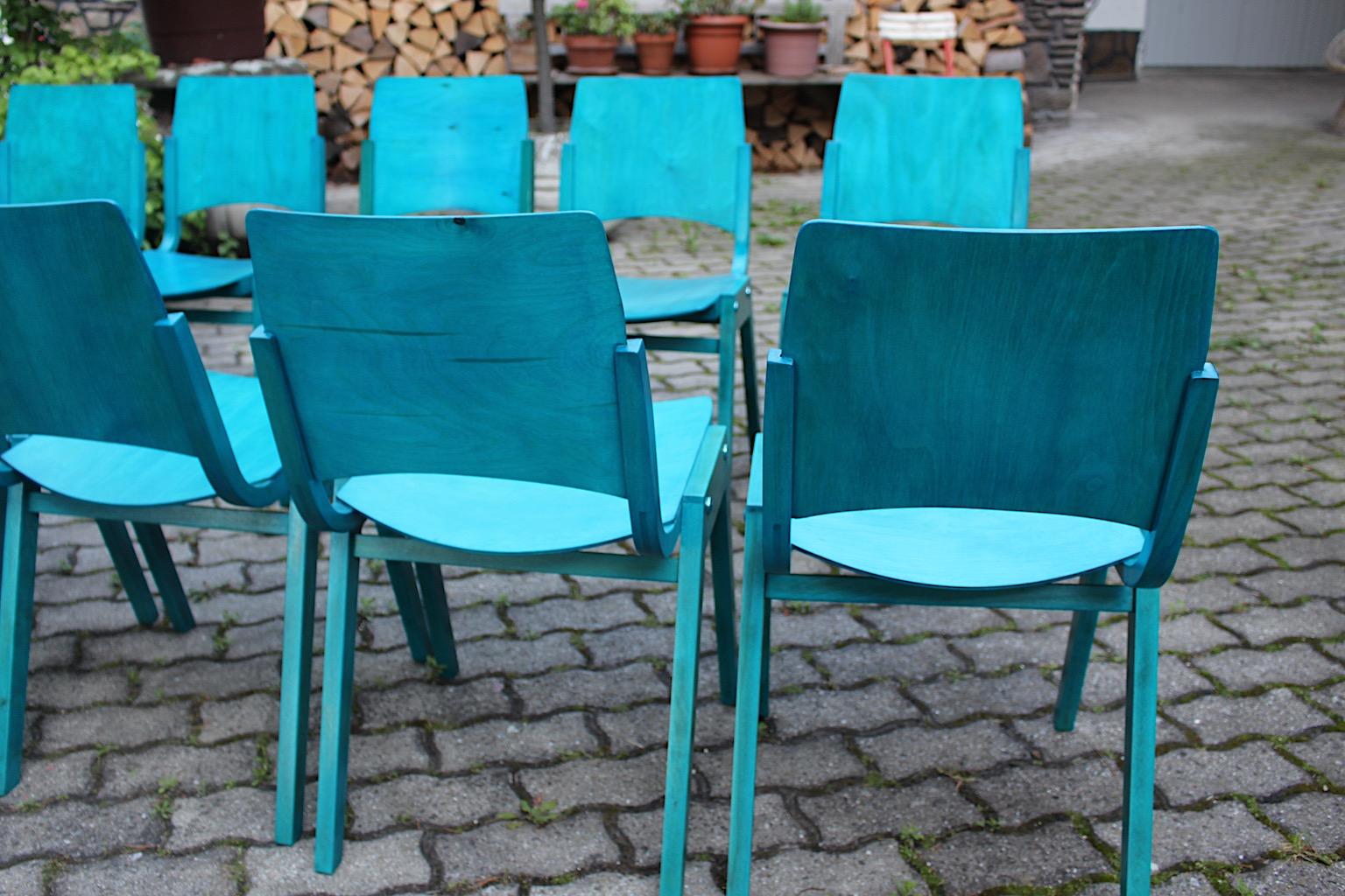 Roland Rainer, douze chaises de salle à manger bleues modernes du milieu du siècle dernier, Vienne, 1952 en vente 12