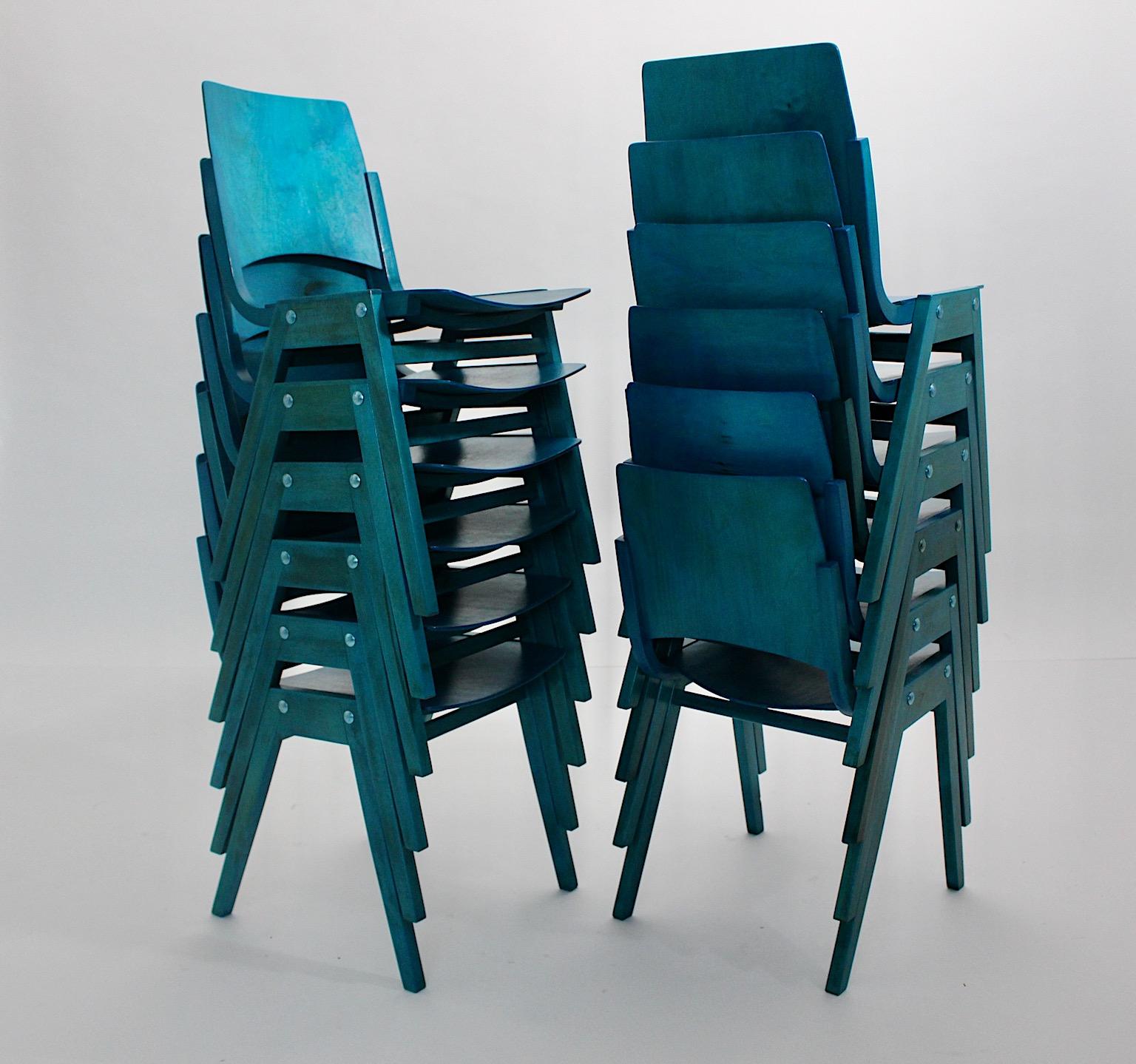 Mid-Century Modern Roland Rainer, douze chaises de salle à manger bleues modernes du milieu du siècle dernier, Vienne, 1952 en vente