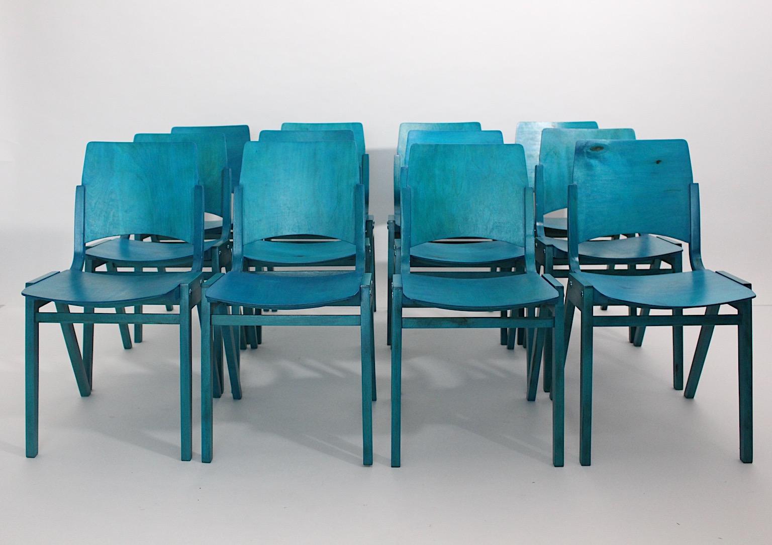 Stained Mid-Century Modern Vintage Blue Twelve Dining Chairs Roland Rainer 1952 Vienna For Sale