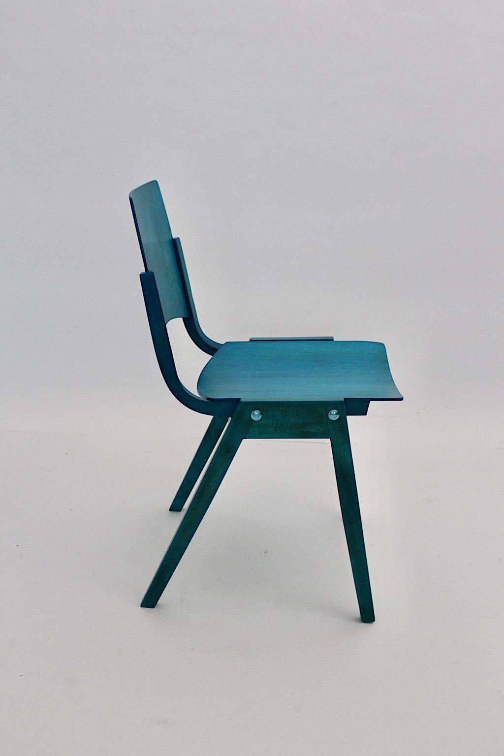 Mid-Century Modern Vintage Blue Twelve Dining Chairs Roland Rainer 1952 Vienna For Sale 1