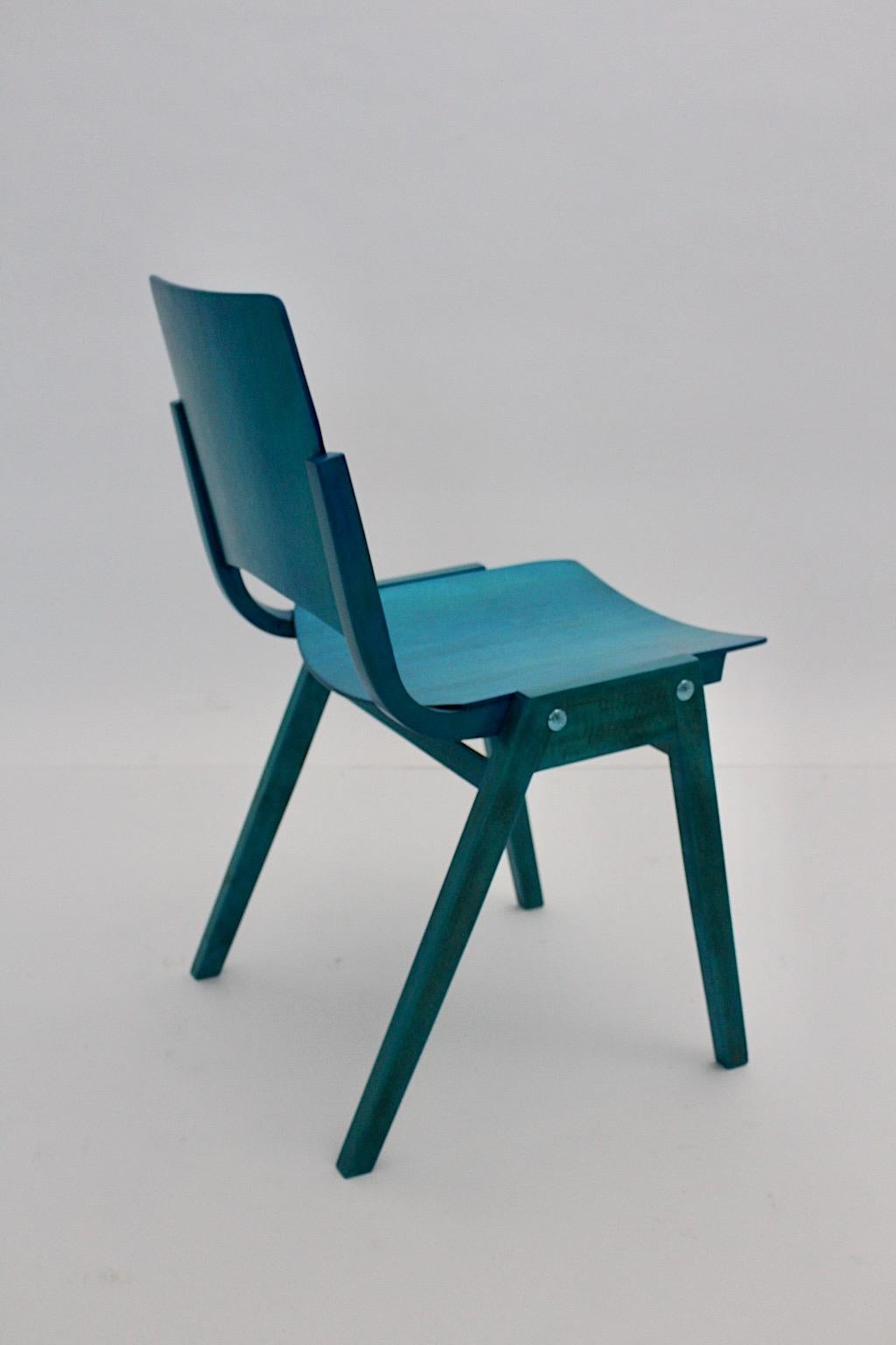 Mid-Century Modern Vintage Blue Twelve Dining Chairs Roland Rainer 1952 Vienna For Sale 2