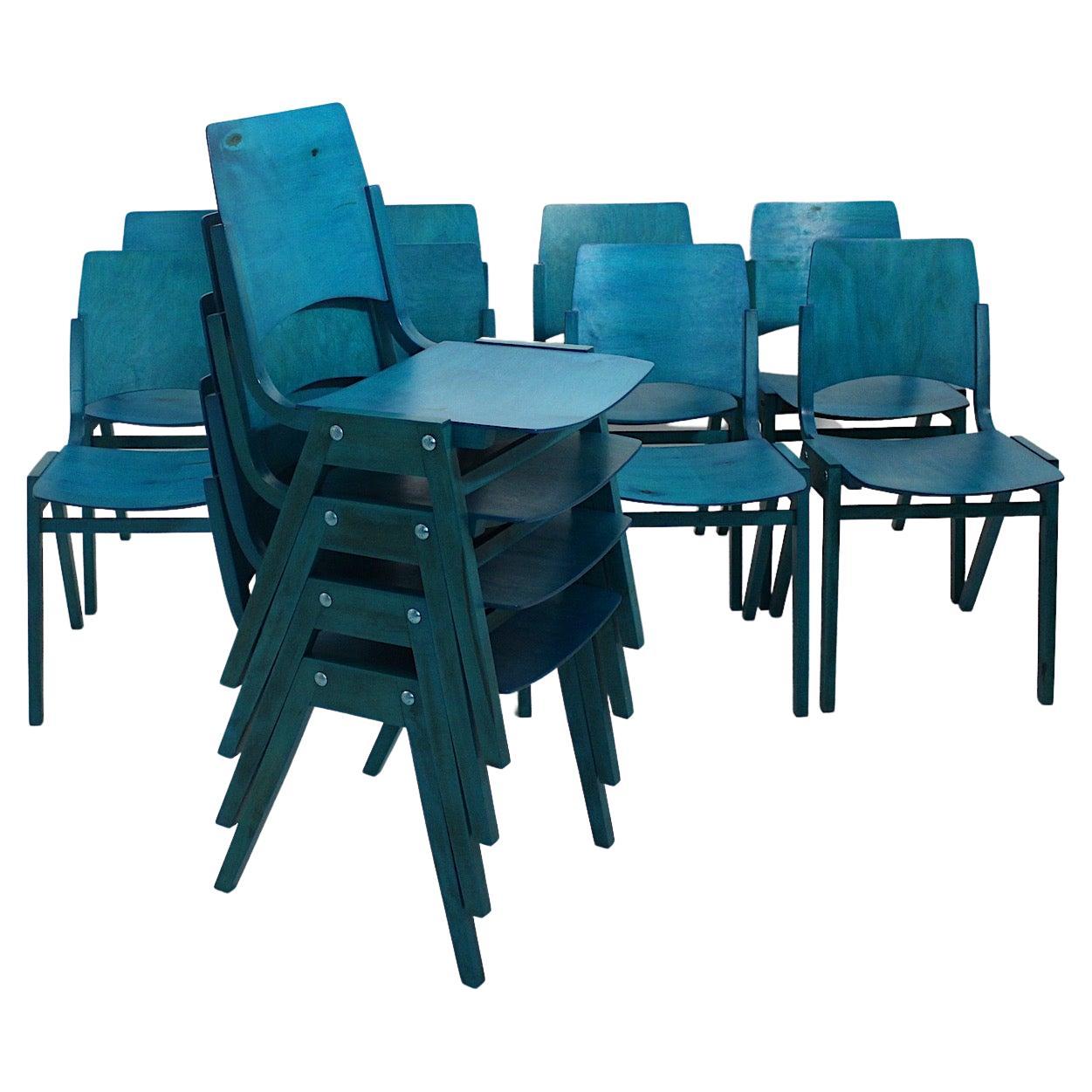 Roland Rainer, douze chaises de salle à manger bleues modernes du milieu du siècle dernier, Vienne, 1952