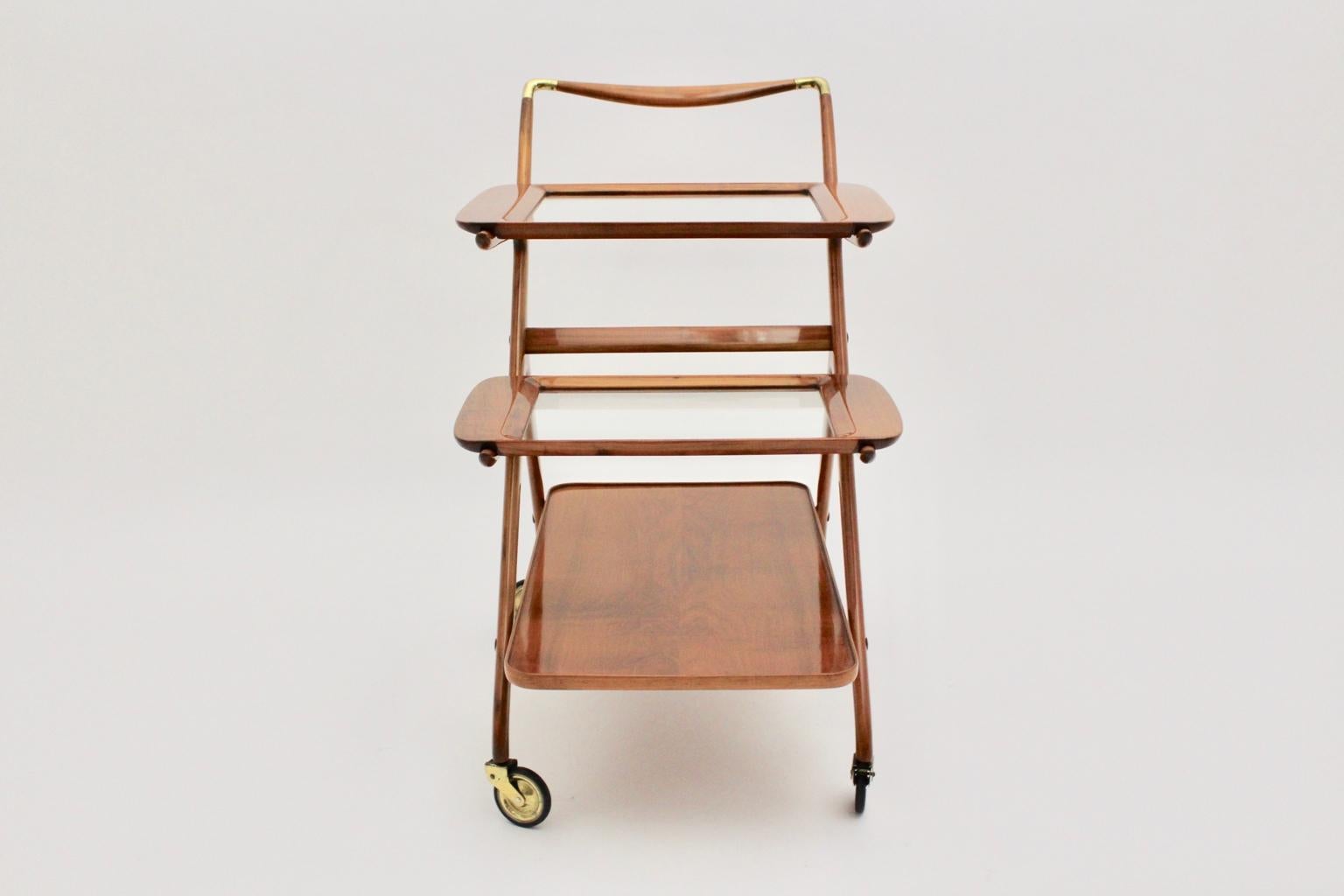 Glass Mid-Century Modern Vintage Brass and Ashwood Bar Cart, Ico Parisi, 1950s, Italy