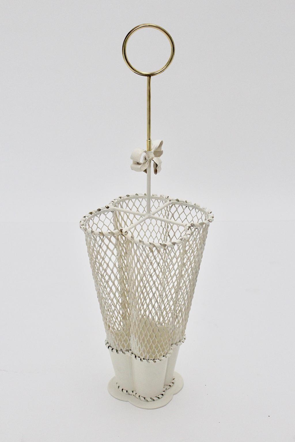 French Mid-Century Modern Vintage Brass and White Umbrella Stand Mathieu Mategot France For Sale