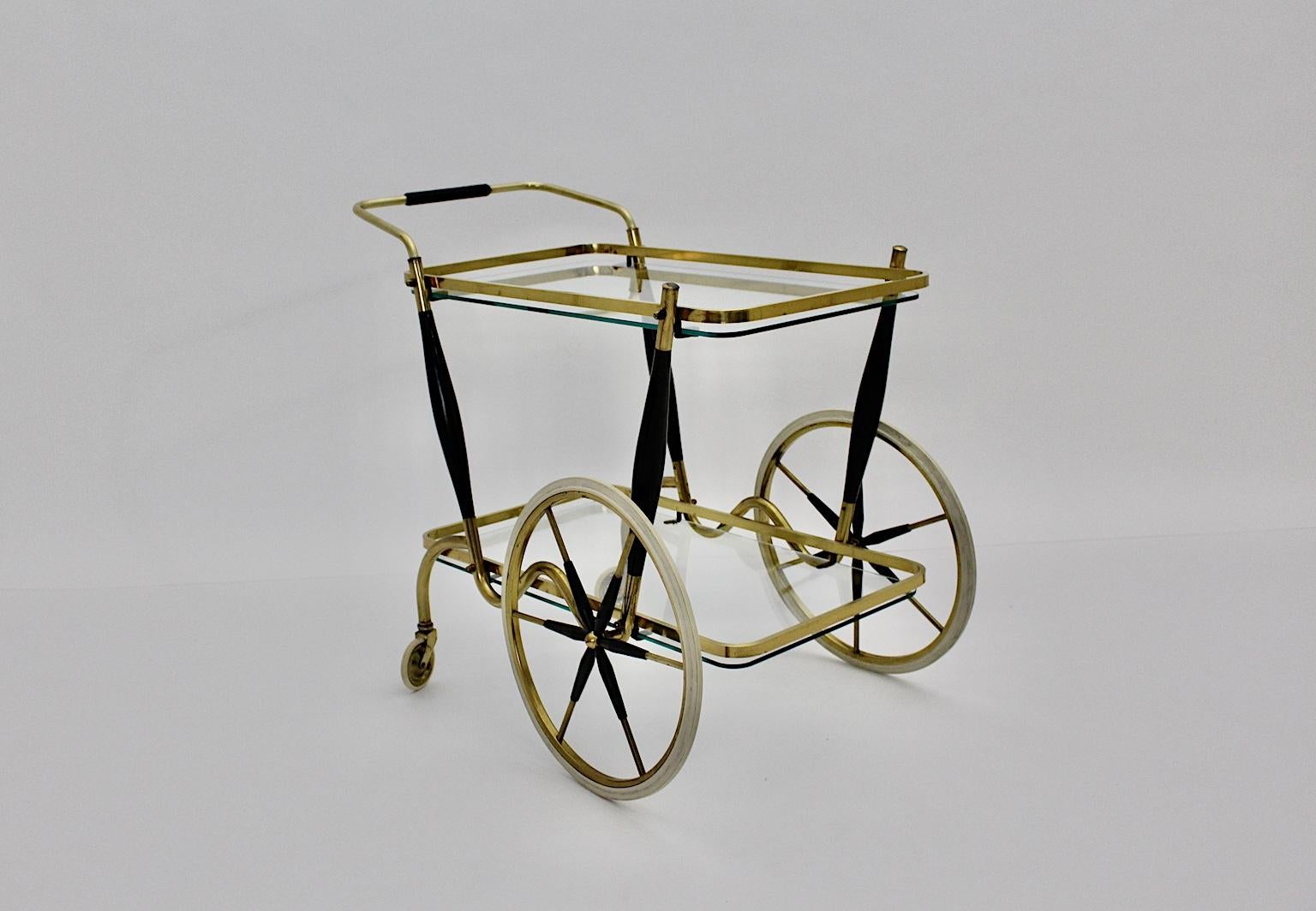Mid-20th Century Mid-Century Modern Vintage Brass Beechwood Bar Cart, 1950s, Italy