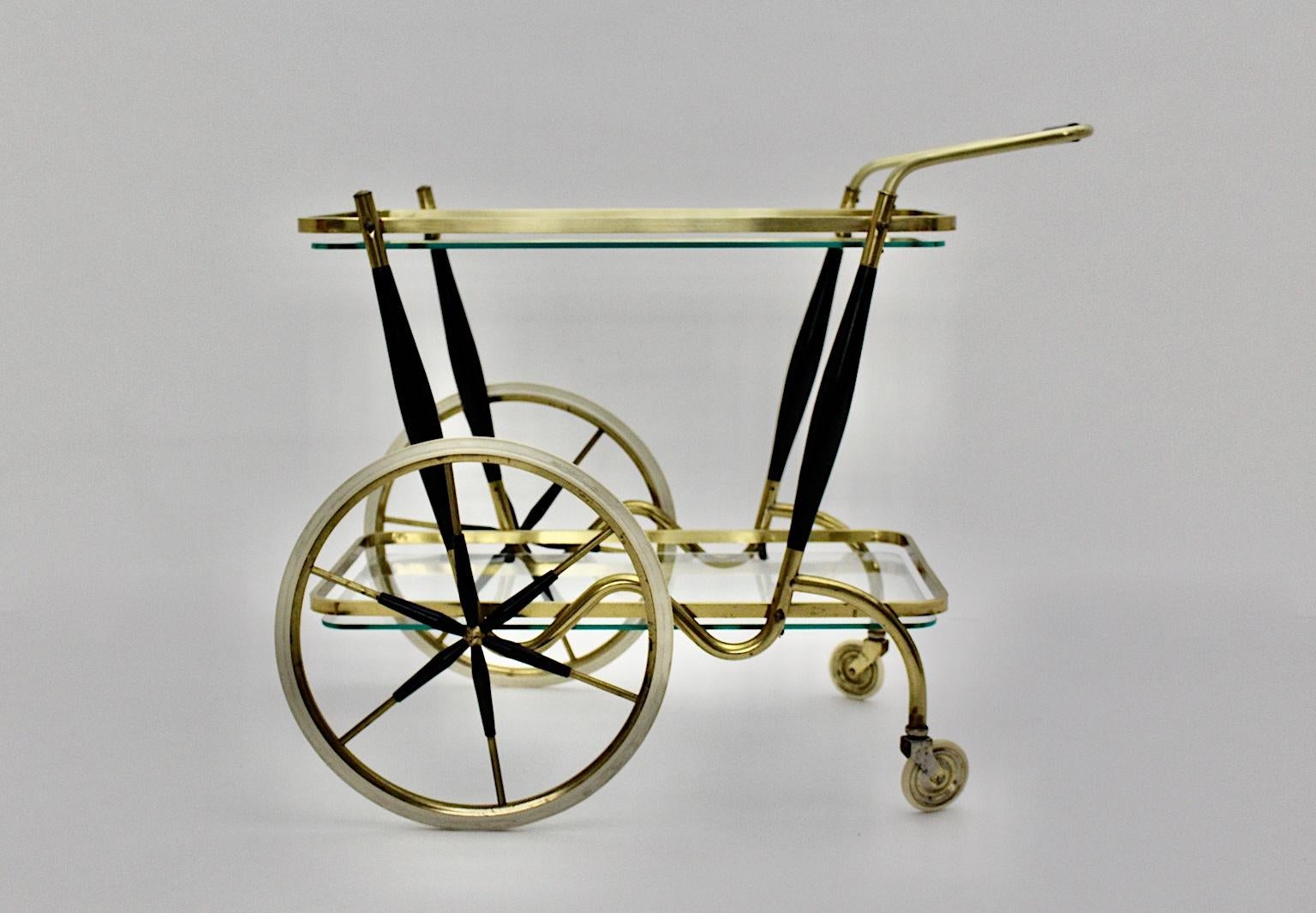 Mid-Century Modern Vintage Brass Beechwood Bar Cart, 1950s, Italy 1