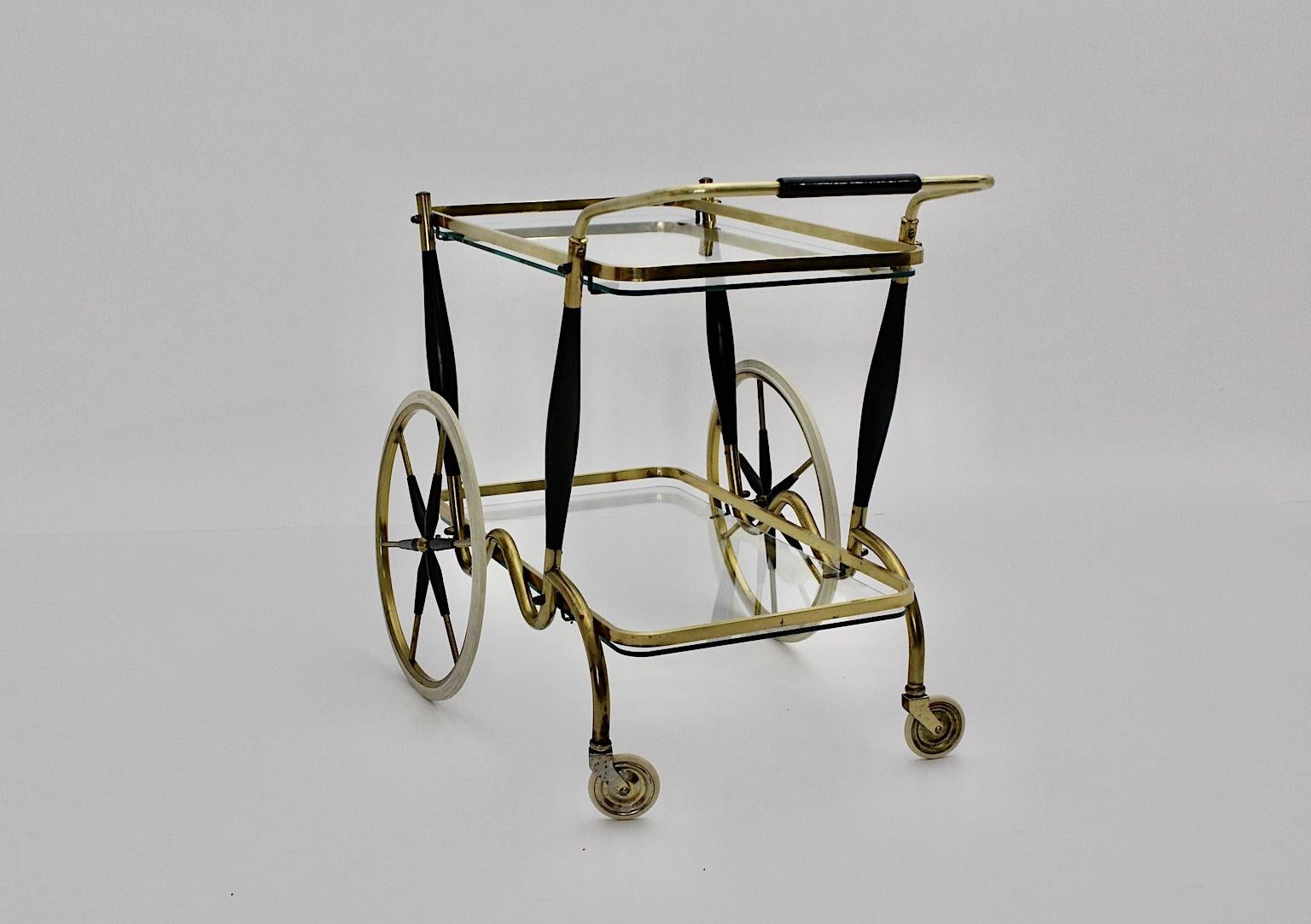 Mid-Century Modern Vintage Brass Beechwood Bar Cart, 1950s, Italy 2