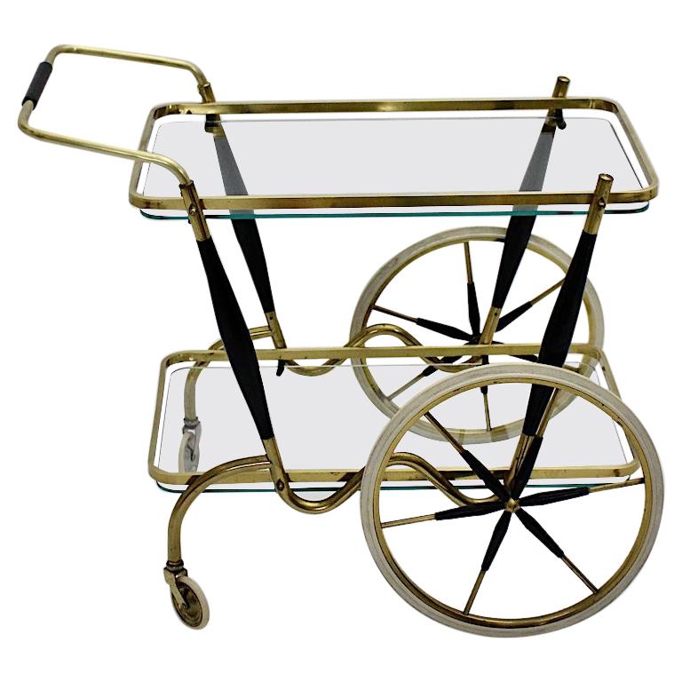 Mid-Century Modern Vintage Brass Beechwood Bar Cart, 1950s, Italy