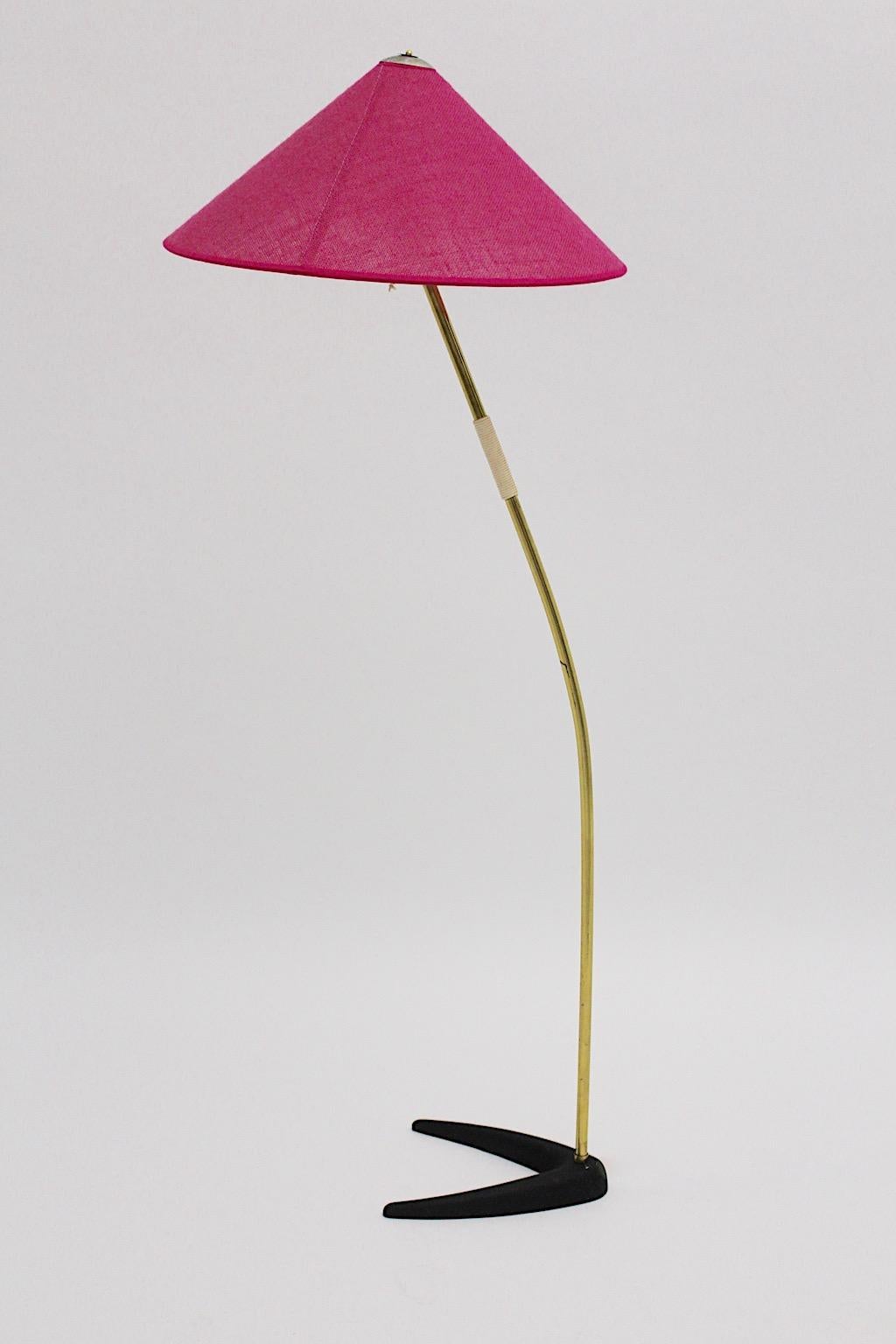 Mid Century Modern Vintage Brass Black Floor Lamp Pink Shade Kalmar 1950 Austria For Sale 5