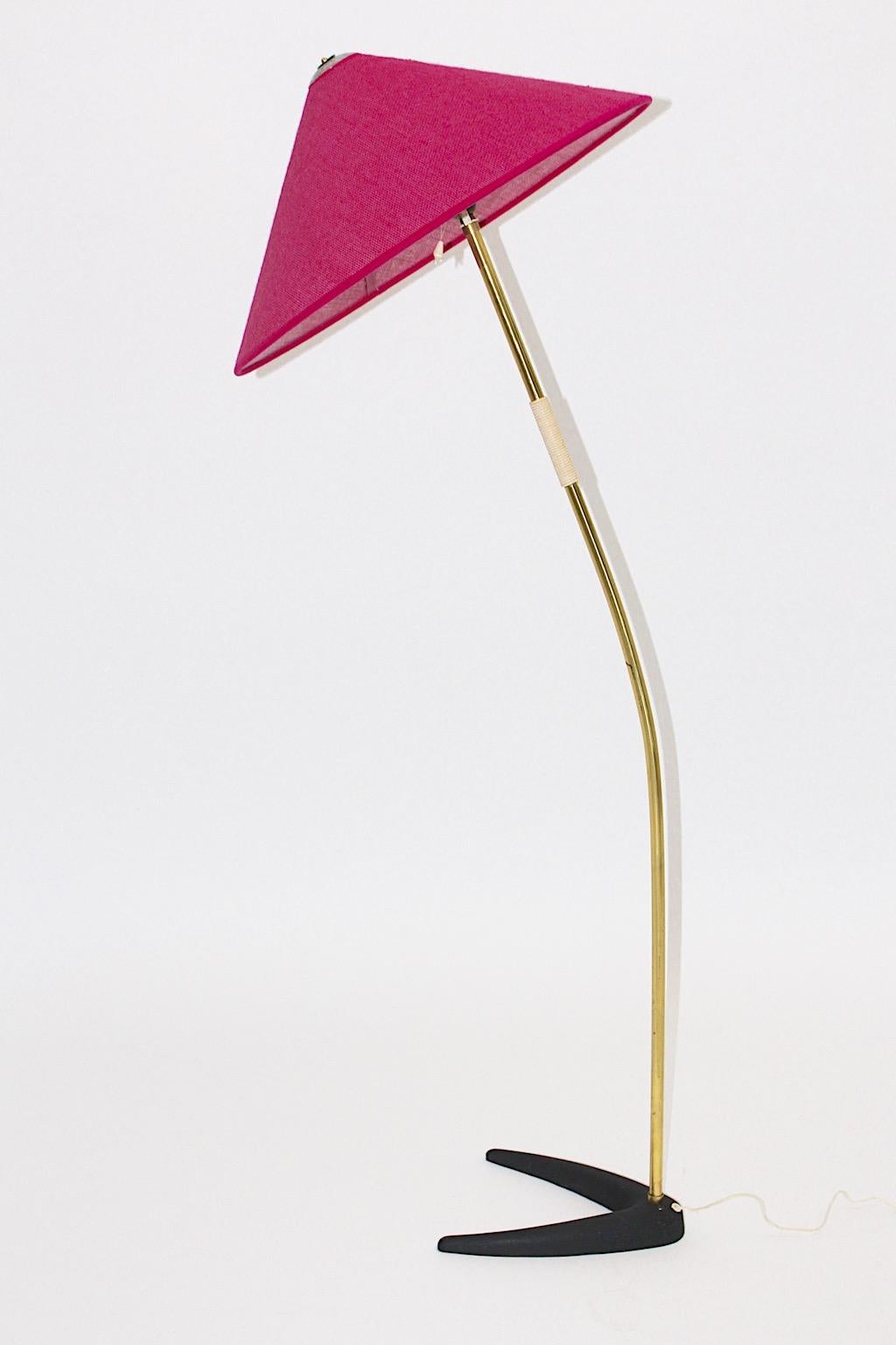 Mid-Century Modern Mid Century Modern Vintage Brass Black Floor Lamp Pink Shade Kalmar 1950 Austria For Sale