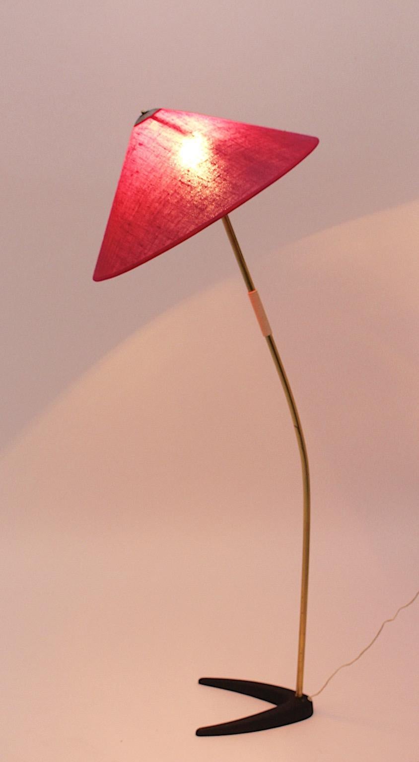 Austrian Mid Century Modern Vintage Brass Black Floor Lamp Pink Shade Kalmar 1950 Austria For Sale