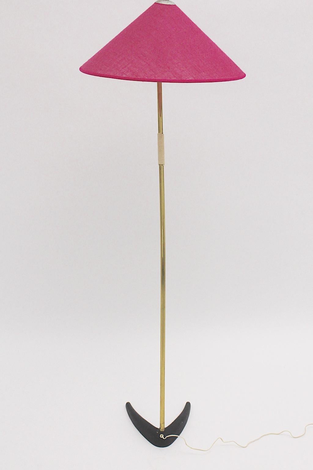 Cast Mid Century Modern Vintage Brass Black Floor Lamp Pink Shade Kalmar 1950 Austria For Sale