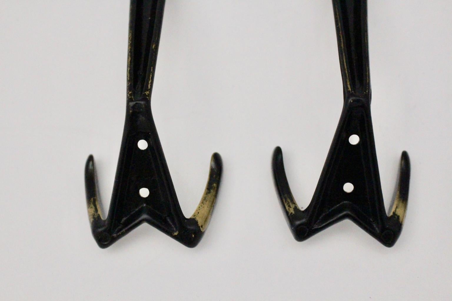 Metal Mid-Century Modern Vintage Brass Black Wall Hooks, 1950s, Vienna For Sale