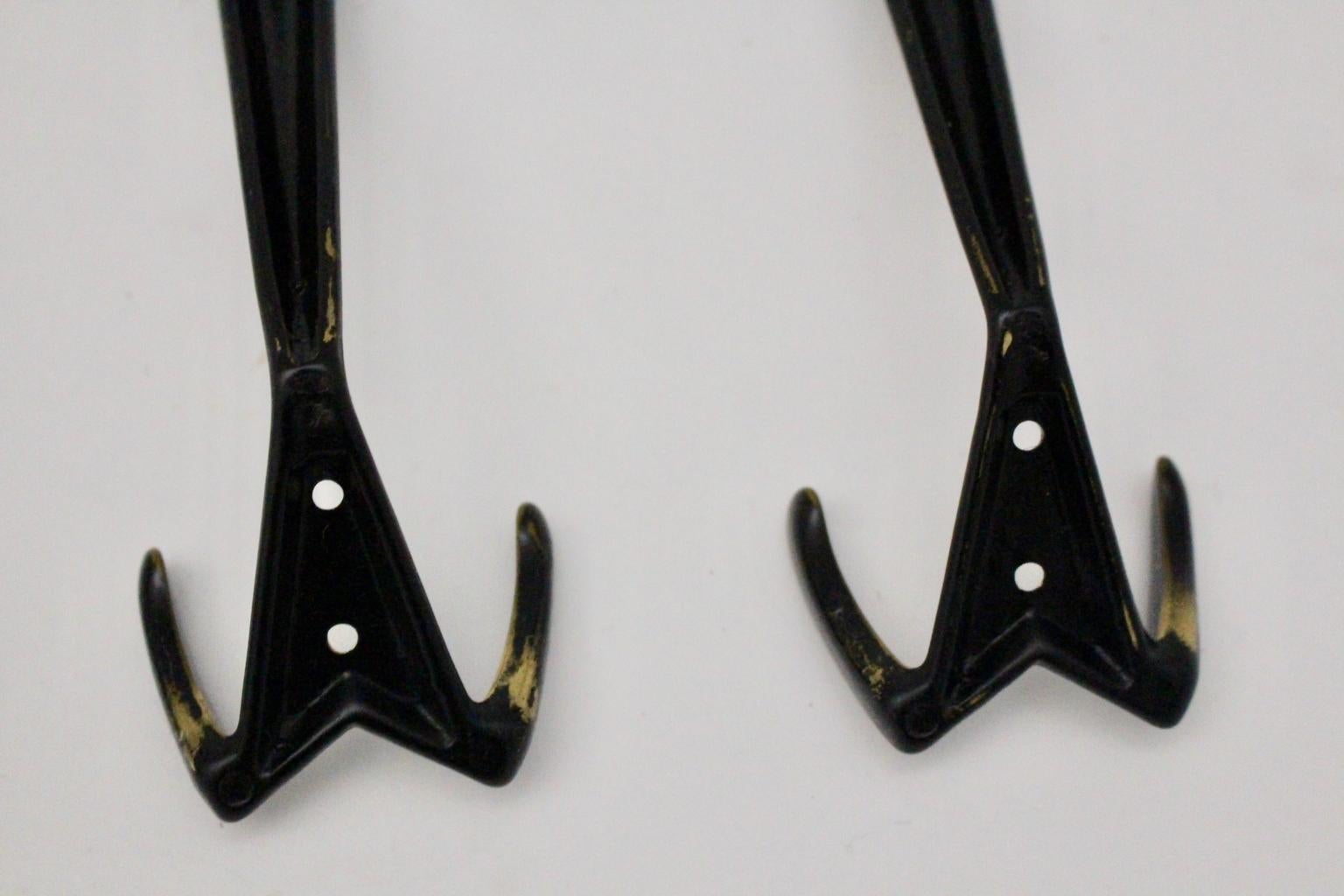 Mid-Century Modern Vintage Brass Black Wall Hooks, 1950s, Vienna For Sale 2