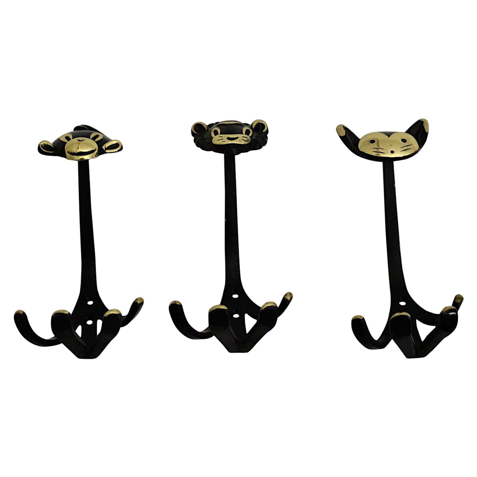 Mid-Century Modern Vintage Brass Black Wall Hooks Walter Bosse, 1950s, Austria For Sale