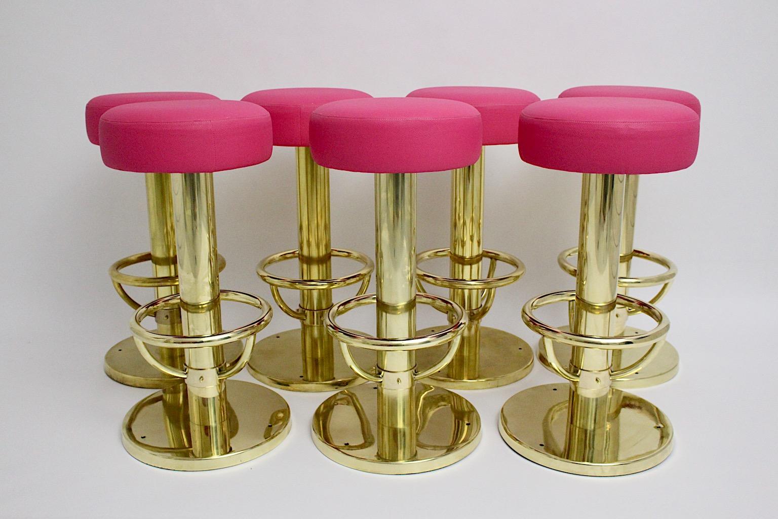 Mid-Century Modern Vintage Brass Faux Leather Pink Seven Bar Stools 1960 Austria For Sale 2