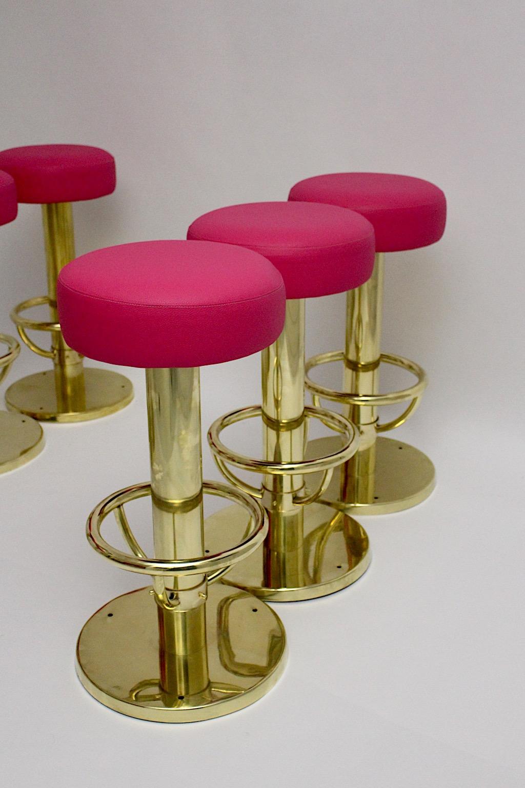 Mid-Century Modern Vintage Brass Faux Leather Pink Seven Bar Stools 1960 Austria For Sale 3