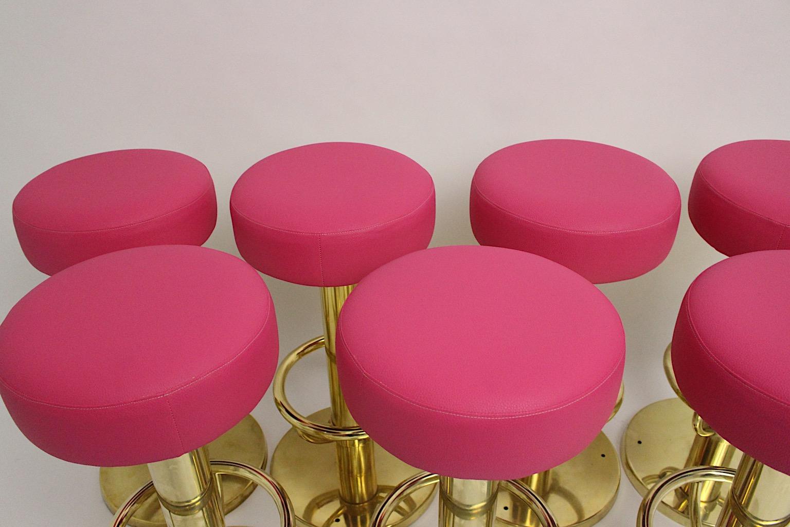 Mid-Century Modern Vintage Brass Faux Leather Pink Seven Bar Stools 1960 Austria For Sale 5