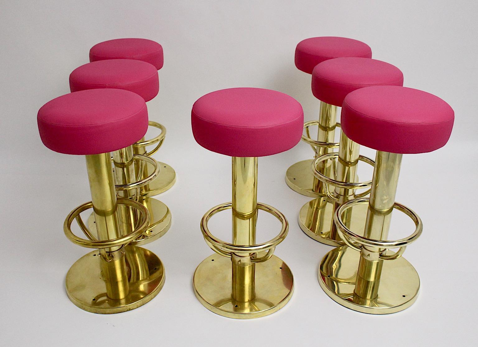 Mid-Century Modern Vintage Brass Faux Leather Pink Seven Bar Stools 1960 Austria For Sale 6