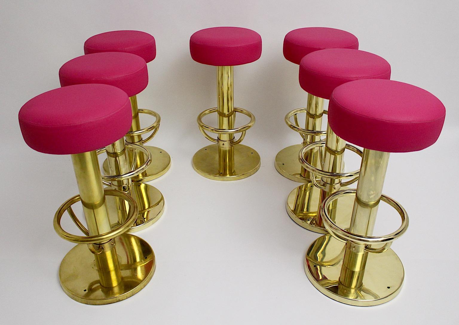 Austrian Mid-Century Modern Vintage Brass Faux Leather Pink Seven Bar Stools 1960 Austria For Sale