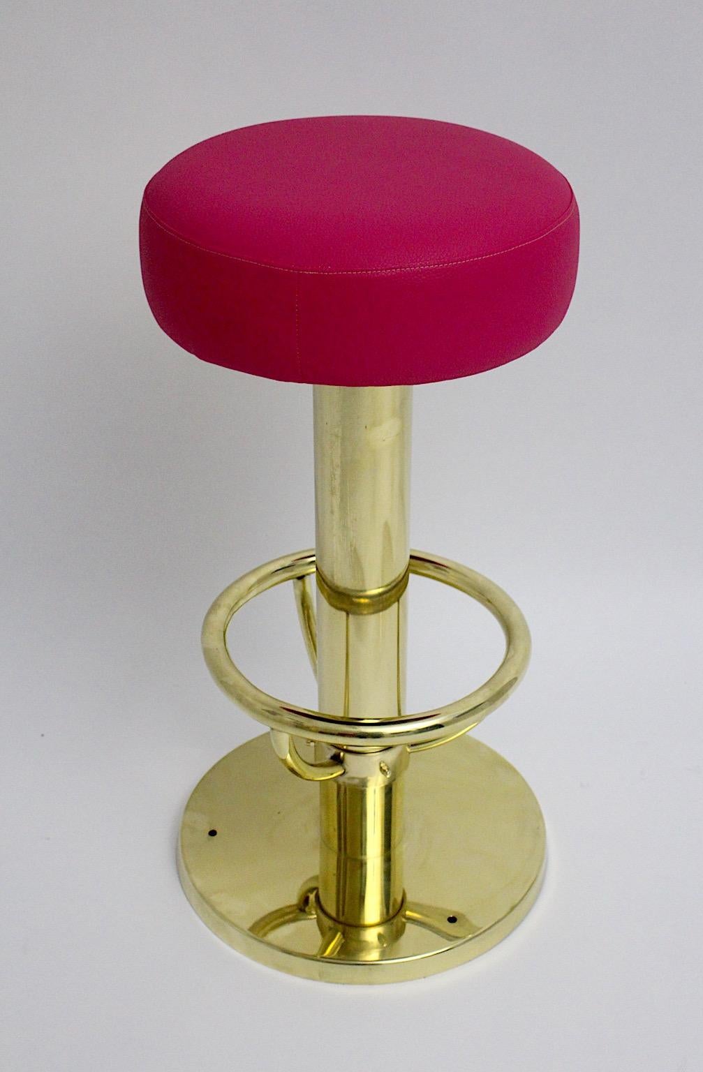 Mid-Century Modern Vintage Brass Faux Leather Pink Seven Bar Stools 1960 Austria In Good Condition For Sale In Vienna, AT