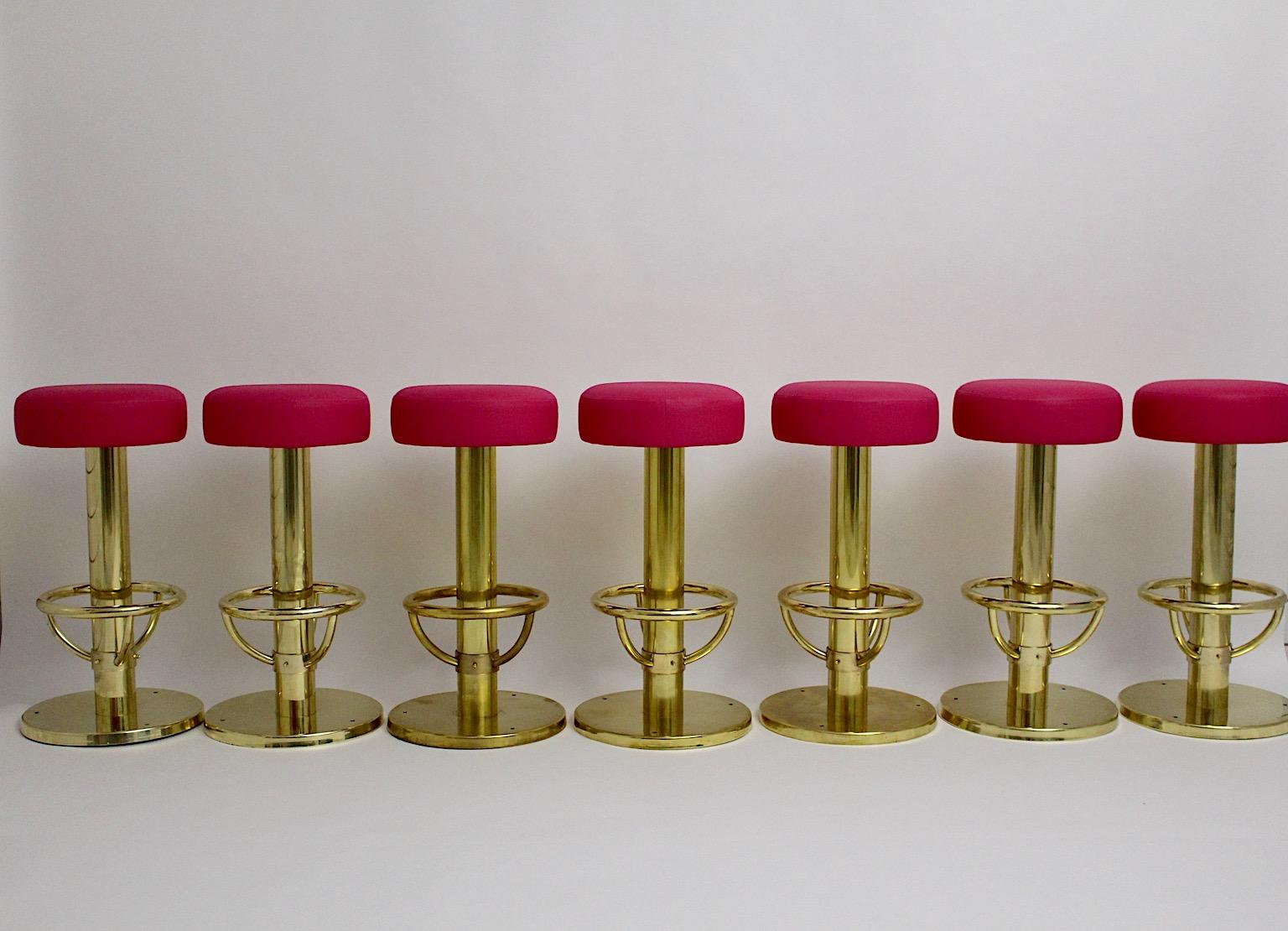 20th Century Mid-Century Modern Vintage Brass Faux Leather Pink Seven Bar Stools 1960 Austria For Sale
