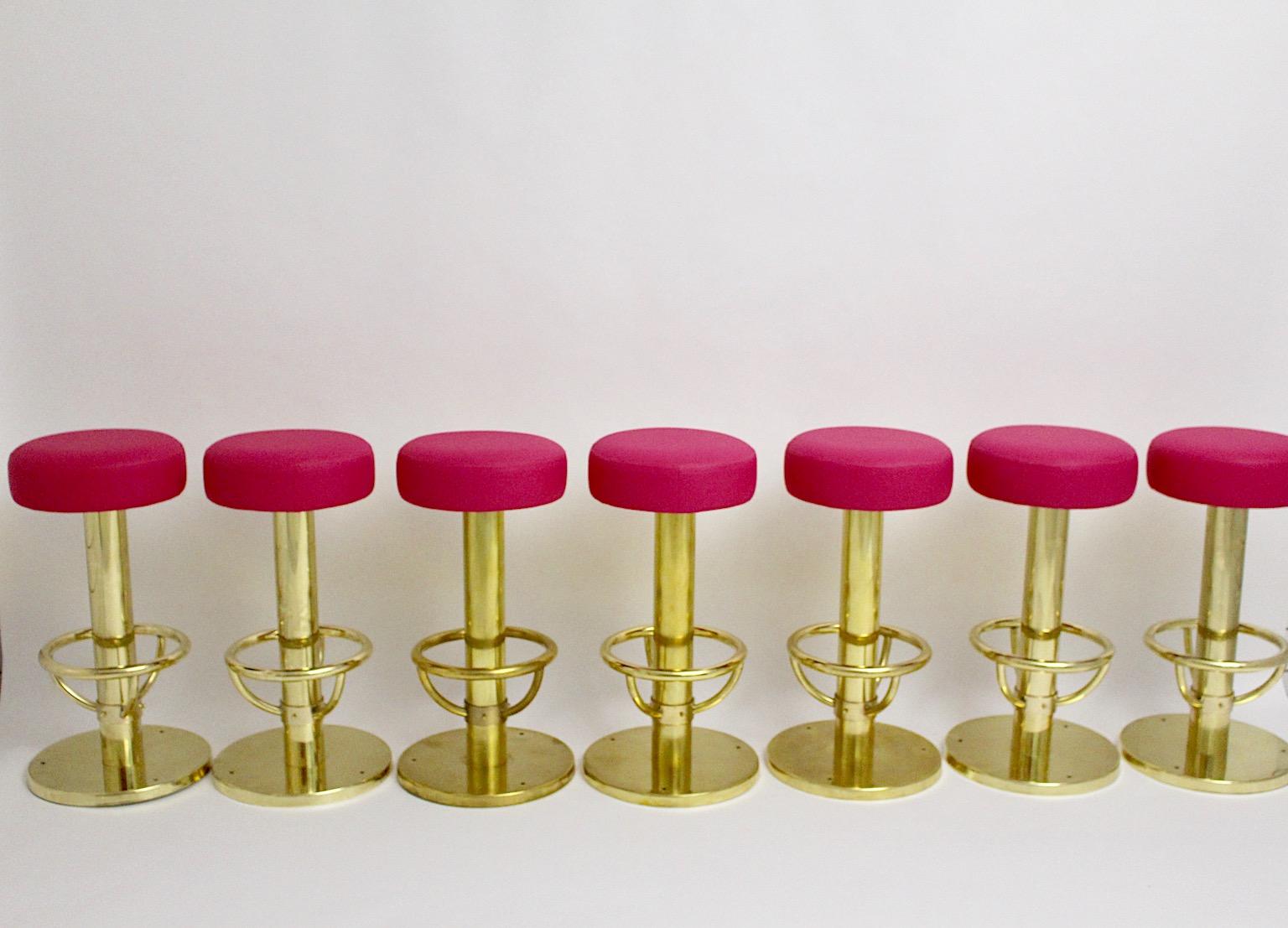 Mid-Century Modern Vintage Brass Faux Leather Pink Seven Bar Stools 1960 Austria For Sale 1
