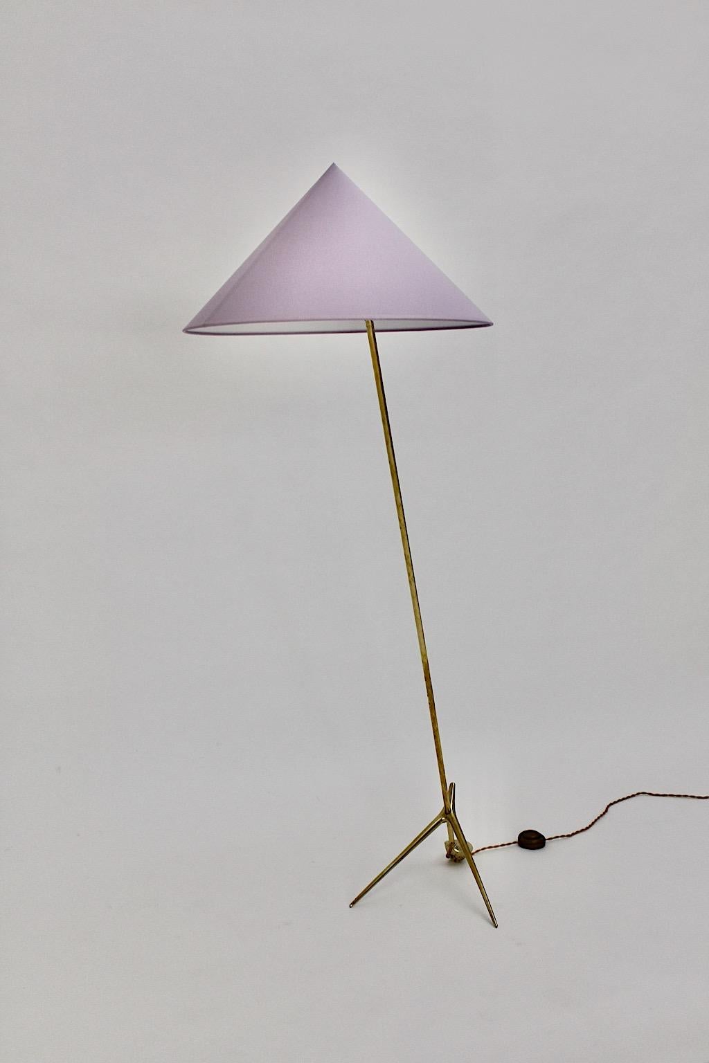Mid Century Modern Vintage Brass Floor Lamp Pastel Lavender Shade Nikoll c 1955 For Sale 5