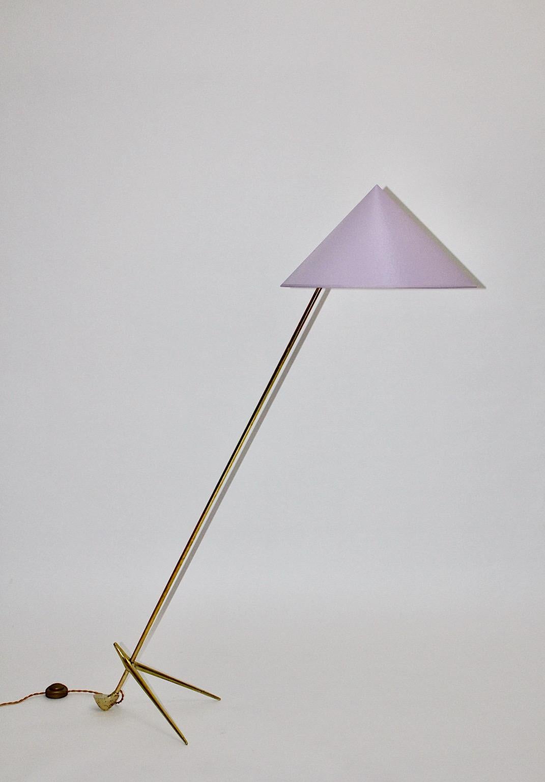 Mid Century Modern Vintage Brass Floor Lamp Pastel Lavender Shade Nikoll c 1955 For Sale 7