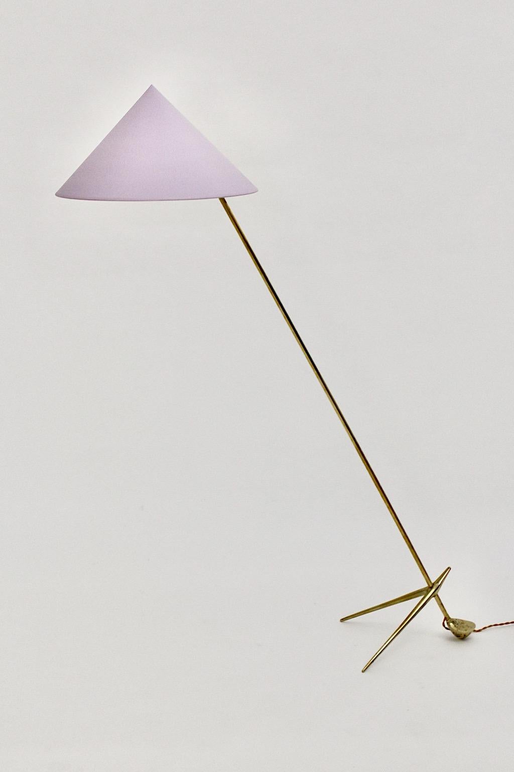 Mid-Century Modern Mid Century Modern Vintage Brass Floor Lamp Pastel Lavender Shade Nikoll c 1955 For Sale