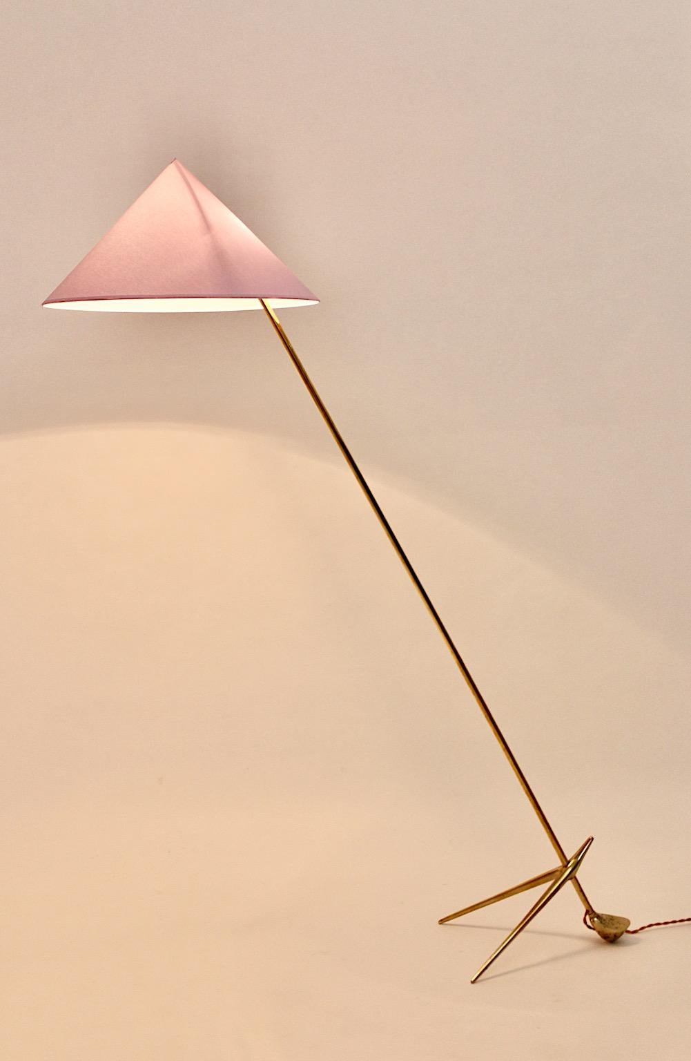 Austrian Mid Century Modern Vintage Brass Floor Lamp Pastel Lavender Shade Nikoll c 1955 For Sale