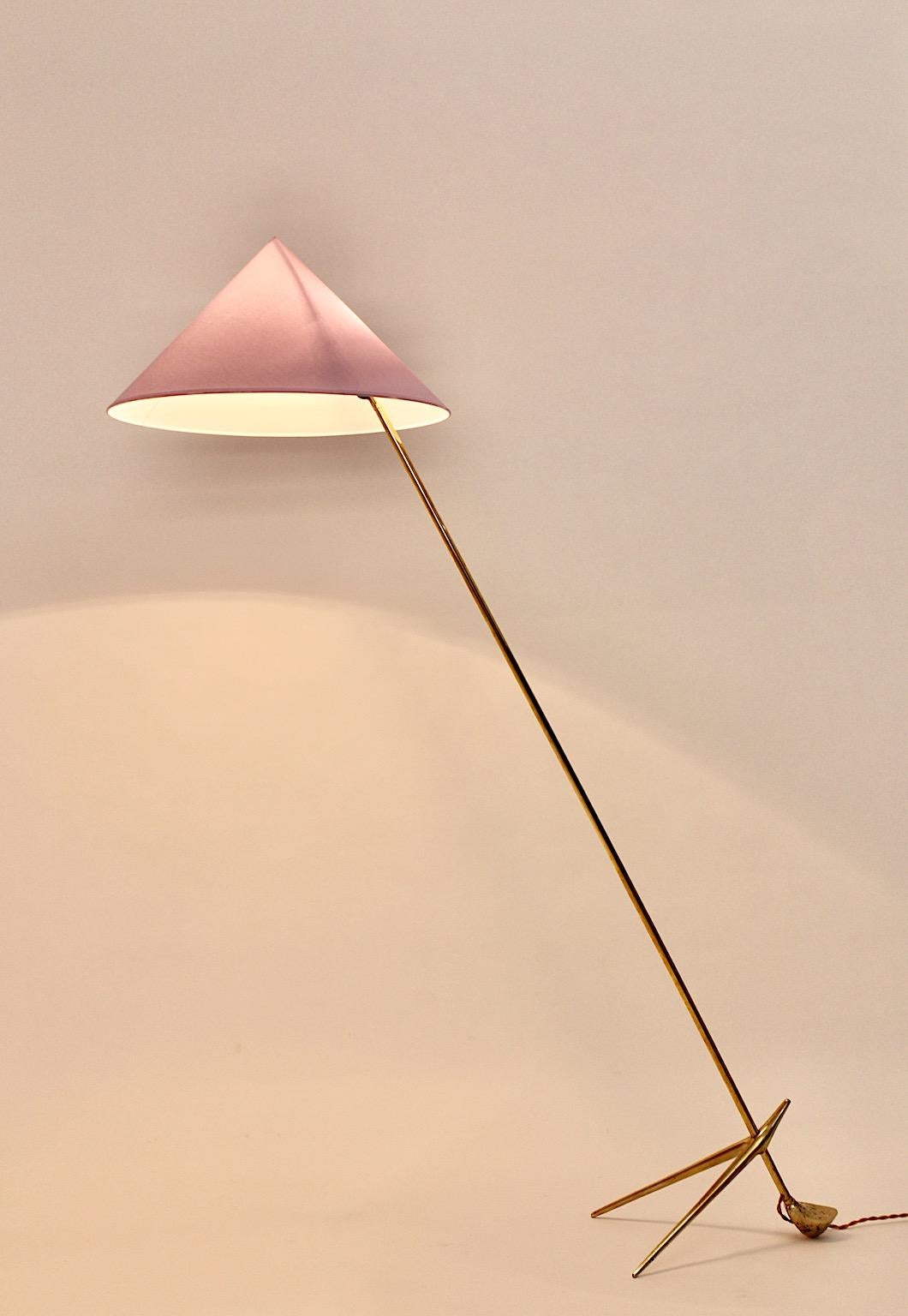 Mid Century Modern Vintage Brass Floor Lamp Pastel Lavender Shade Nikoll c 1955 In Good Condition For Sale In Vienna, AT