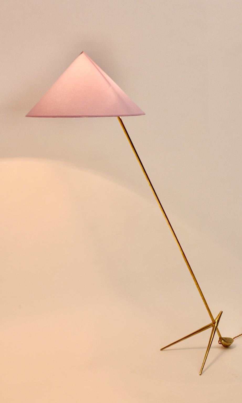 Mid-20th Century Mid Century Modern Vintage Brass Floor Lamp Pastel Lavender Shade Nikoll c 1955 For Sale
