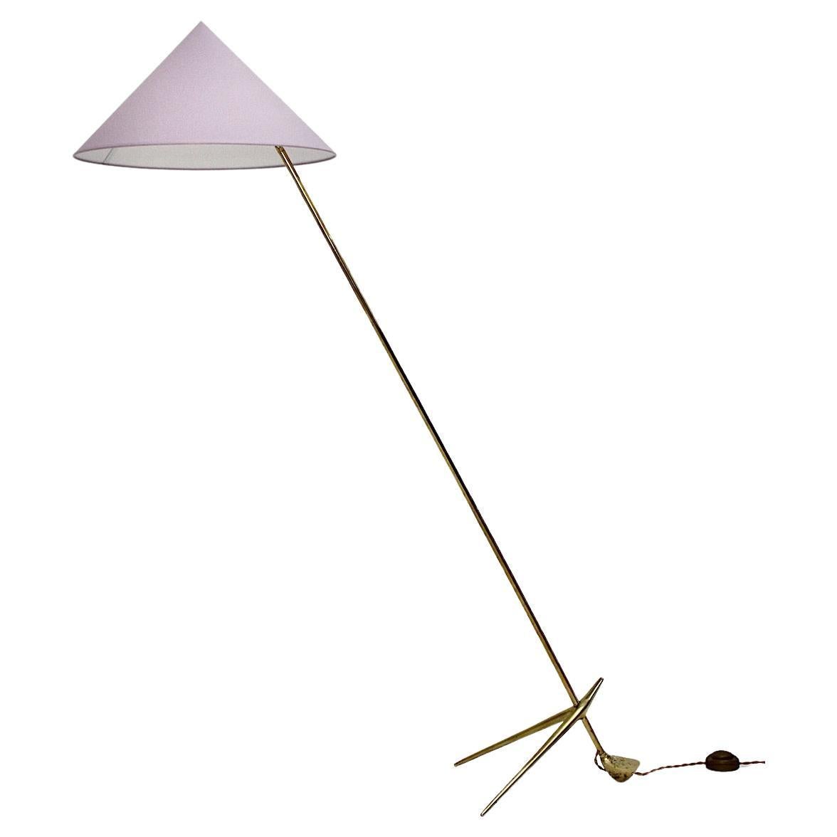 Mid Century Modern Vintage Brass Floor Lamp Pastel Lavender Shade Nikoll c 1955 For Sale
