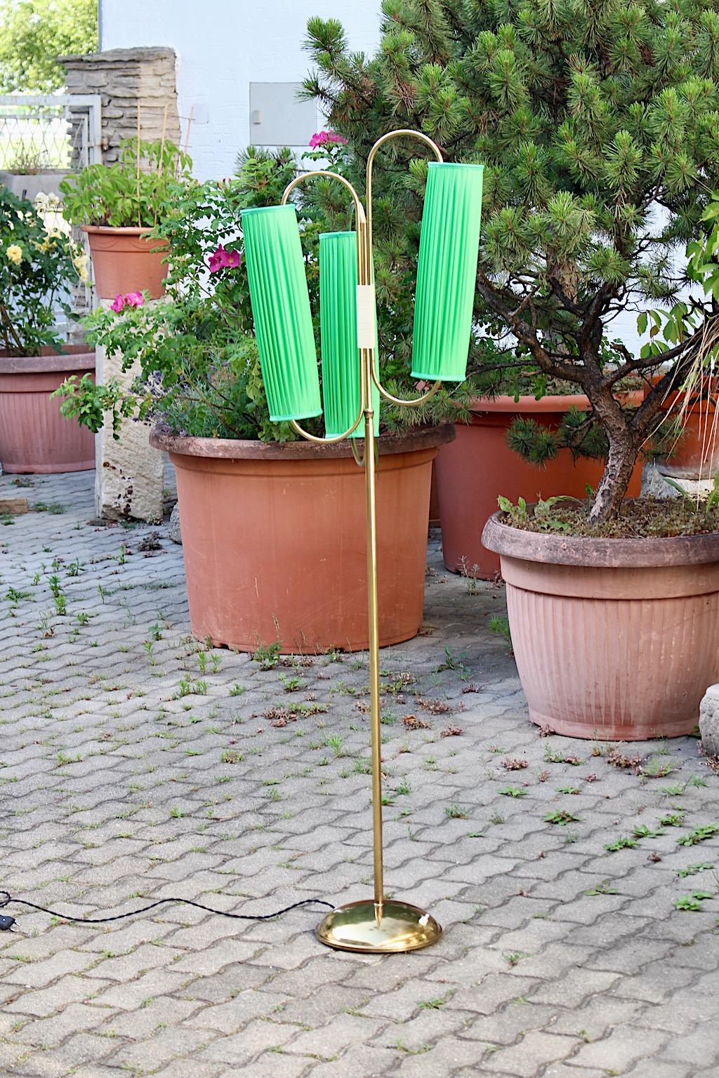 Mid Century Modern Vintage Brass Floor Lamp with Grass Green Pleated Shades 1950 For Sale 6