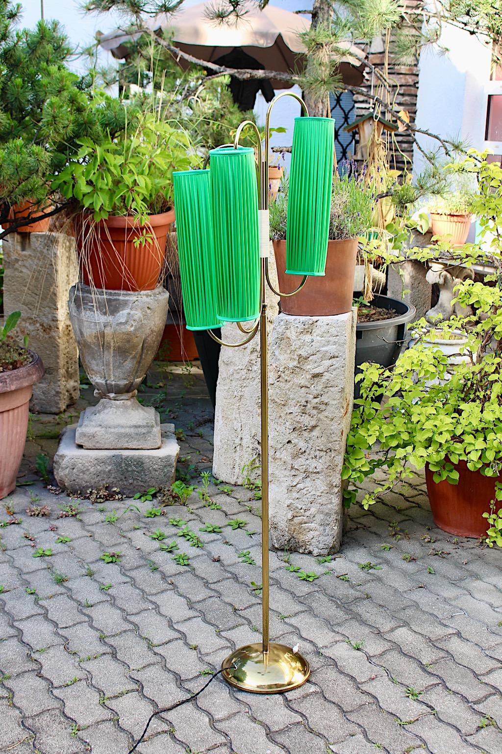 Mid Century Modern Vintage Brass Floor Lamp with Grass Green Pleated Shades 1950 For Sale 8
