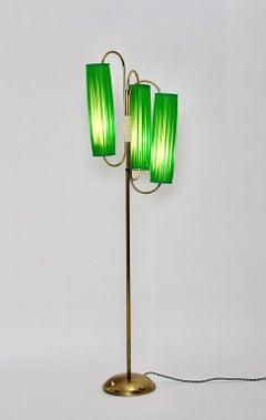 Mid Century Modern Vintage Brass Floor Lamp with Grass Green Pleated Shades 1950