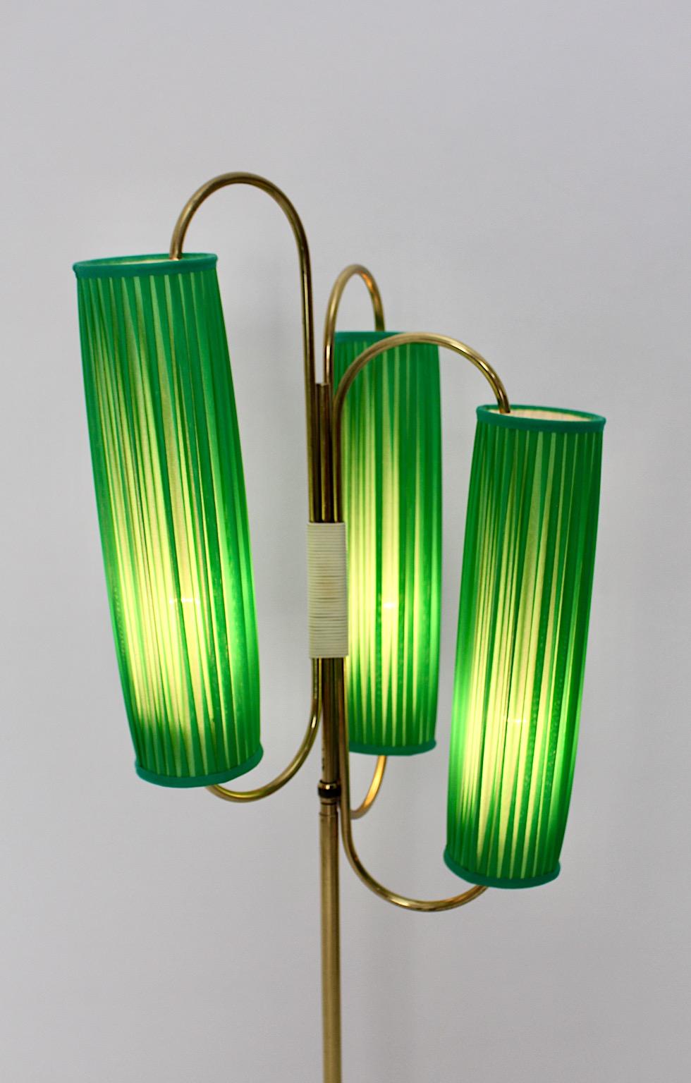 Mid-Century Modern Mid Century Modern Vintage Brass Floor Lamp with Grass Green Pleated Shades 1950 For Sale