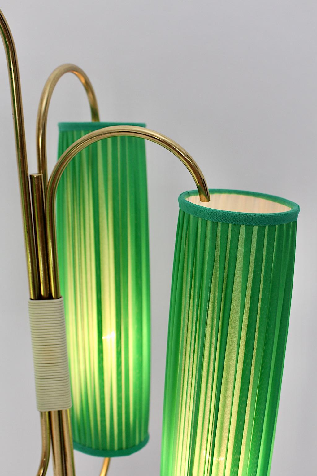 Italian Mid Century Modern Vintage Brass Floor Lamp with Grass Green Pleated Shades 1950 For Sale