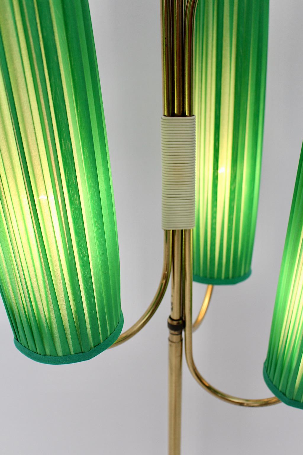 Cast Mid Century Modern Vintage Brass Floor Lamp with Grass Green Pleated Shades 1950 For Sale