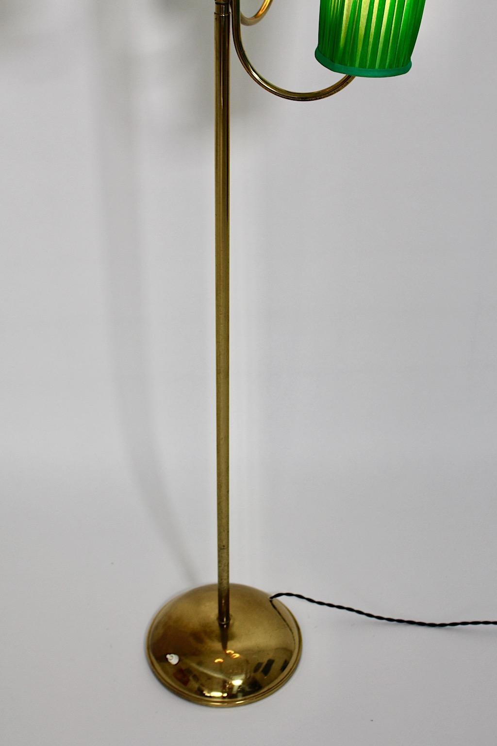 Mid-20th Century Mid Century Modern Vintage Brass Floor Lamp with Grass Green Pleated Shades 1950 For Sale