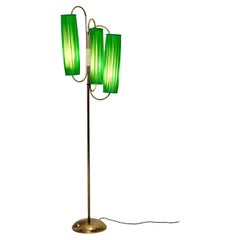 Mid-Century Modern Vintage Brass Floor Lamp with Green Silk Shades 1950s Italy