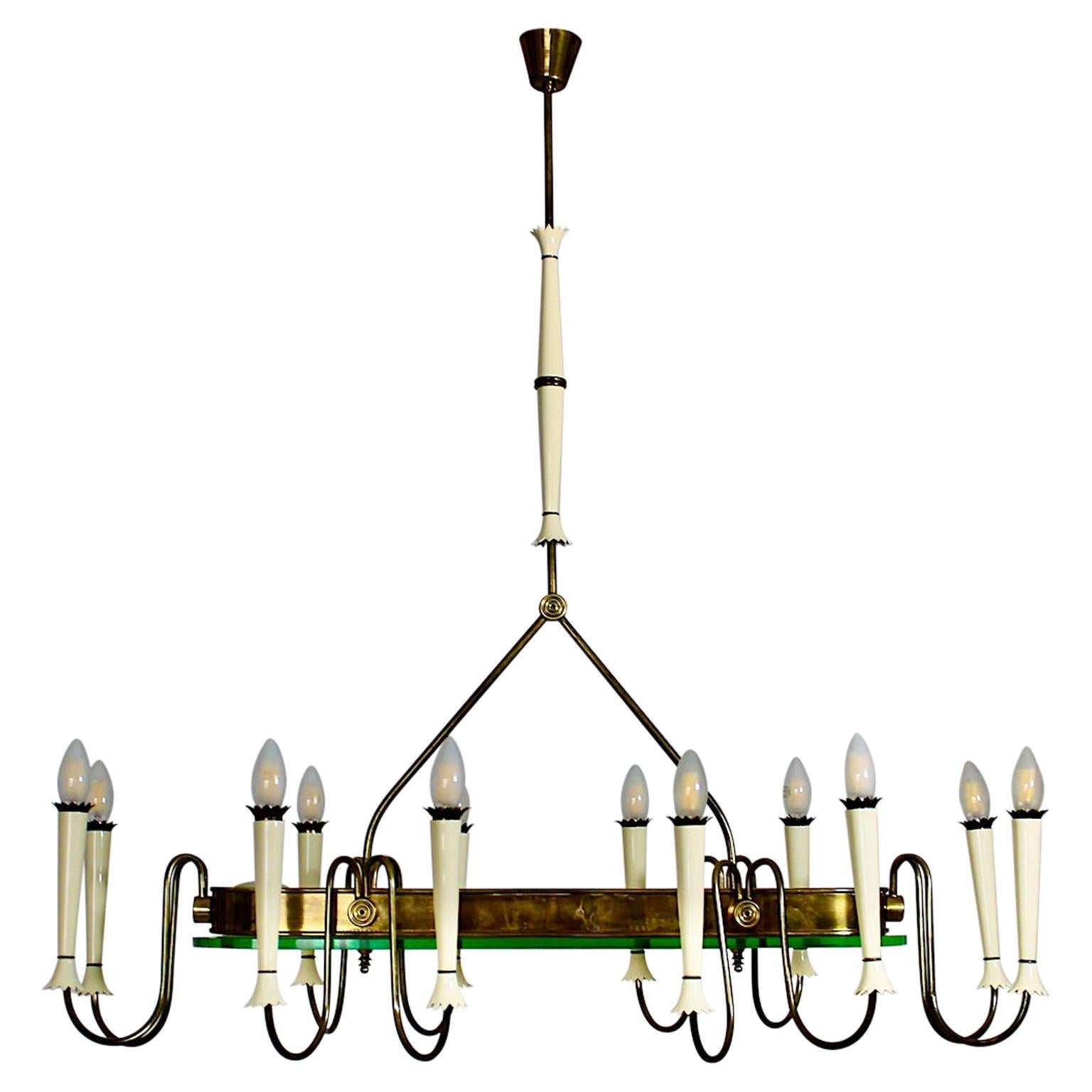 Mid-Century Modern Vintage Brass Glass Chandelier Pietro Chiesa Style 1940 Italy For Sale