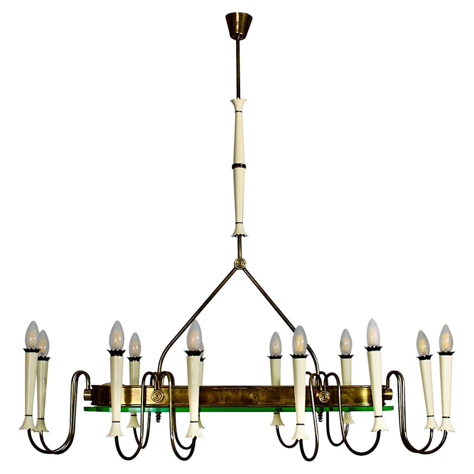 Mid-Century Modern Vintage Brass Glass Chandelier Pietro Chiesa Style 1940 Italy