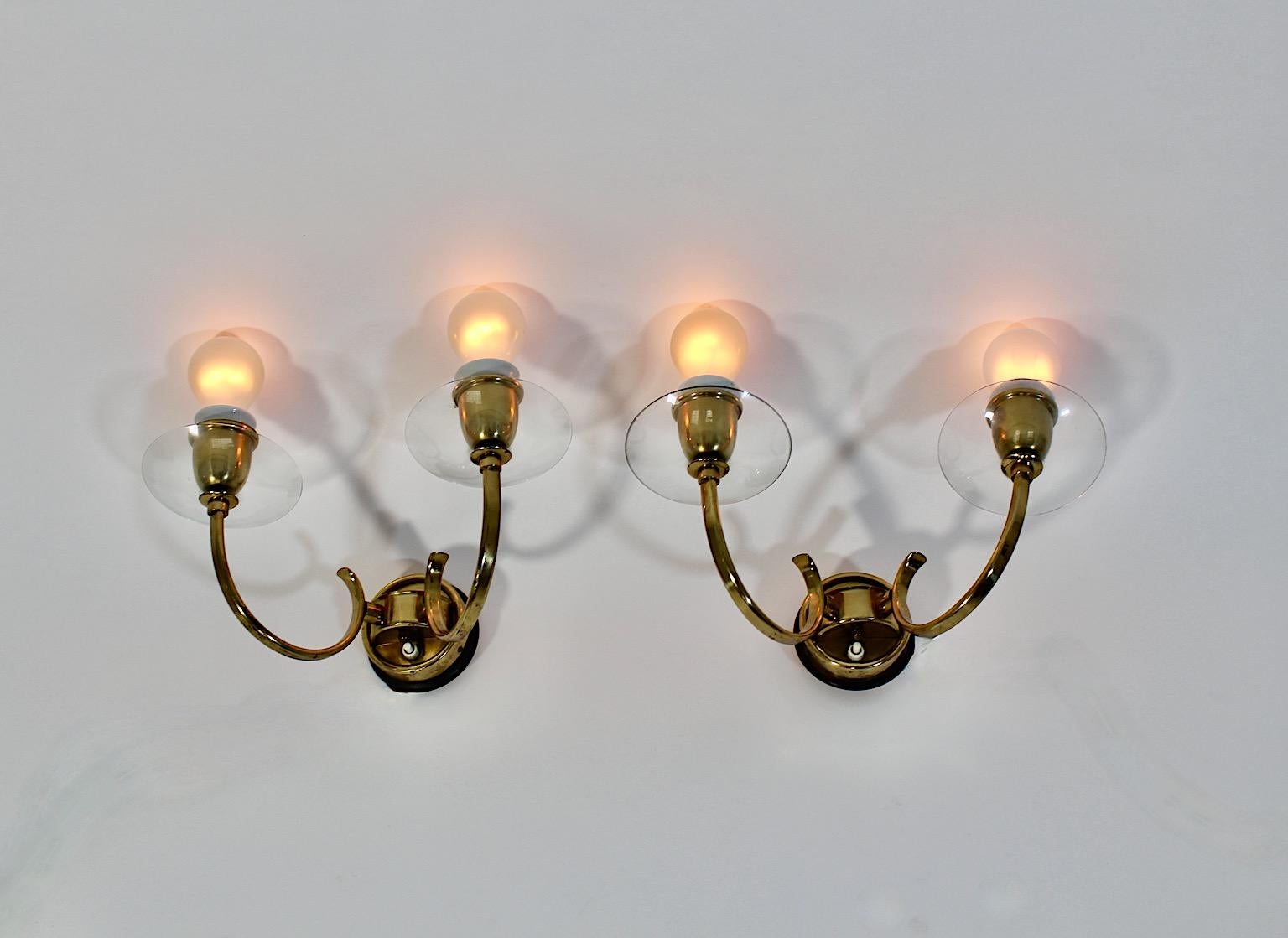 Mid-Century Modern Mid Century Modern Vintage Brass Glass Sconces Wall Lights Pair Duo 1950 Austria For Sale