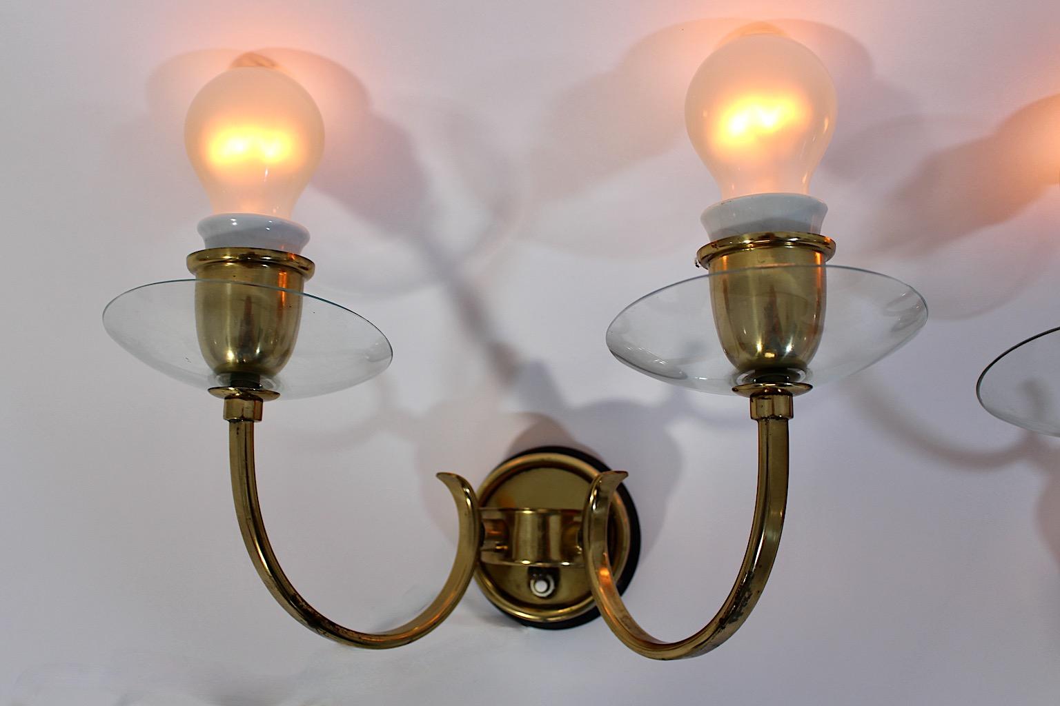 Austrian Mid Century Modern Vintage Brass Glass Sconces Wall Lights Pair Duo 1950 Austria For Sale
