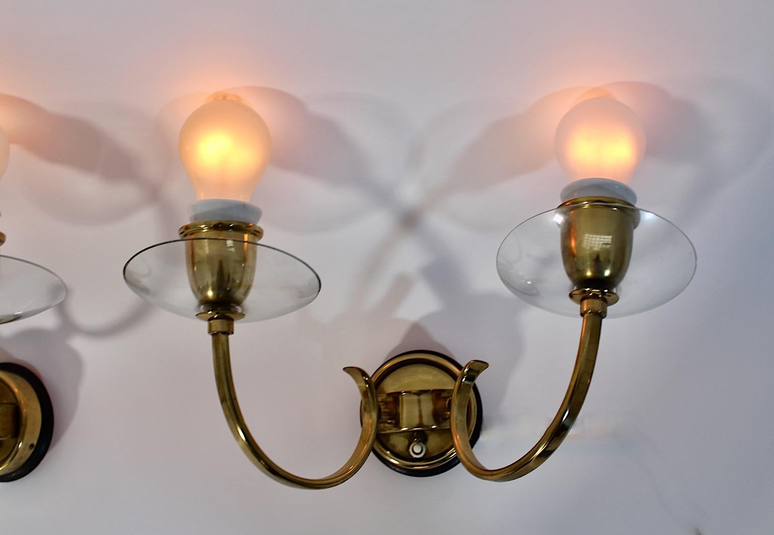 Mid Century Modern Vintage Brass Glass Sconces Wall Lights Pair Duo 1950 Austria In Good Condition For Sale In Vienna, AT