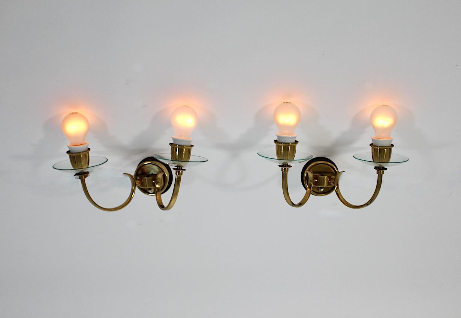 Mid-20th Century Mid Century Modern Vintage Brass Glass Sconces Wall Lights Pair Duo 1950 Austria For Sale