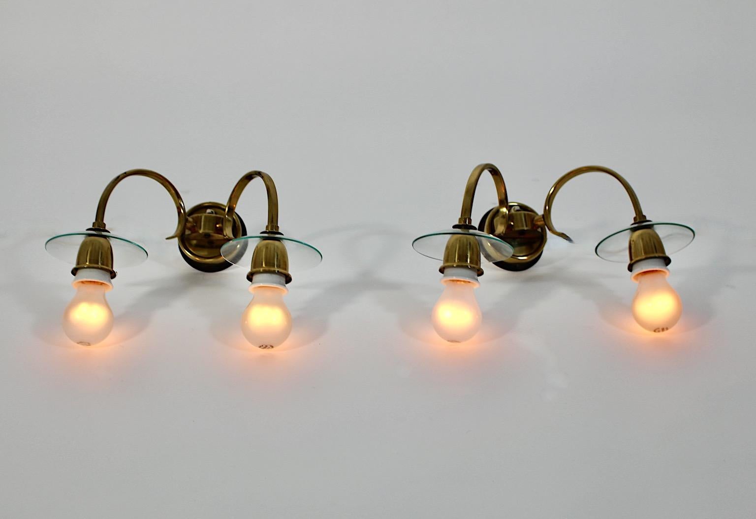 Mid Century Modern Vintage Brass Glass Sconces Wall Lights Pair Duo 1950 Austria For Sale 1