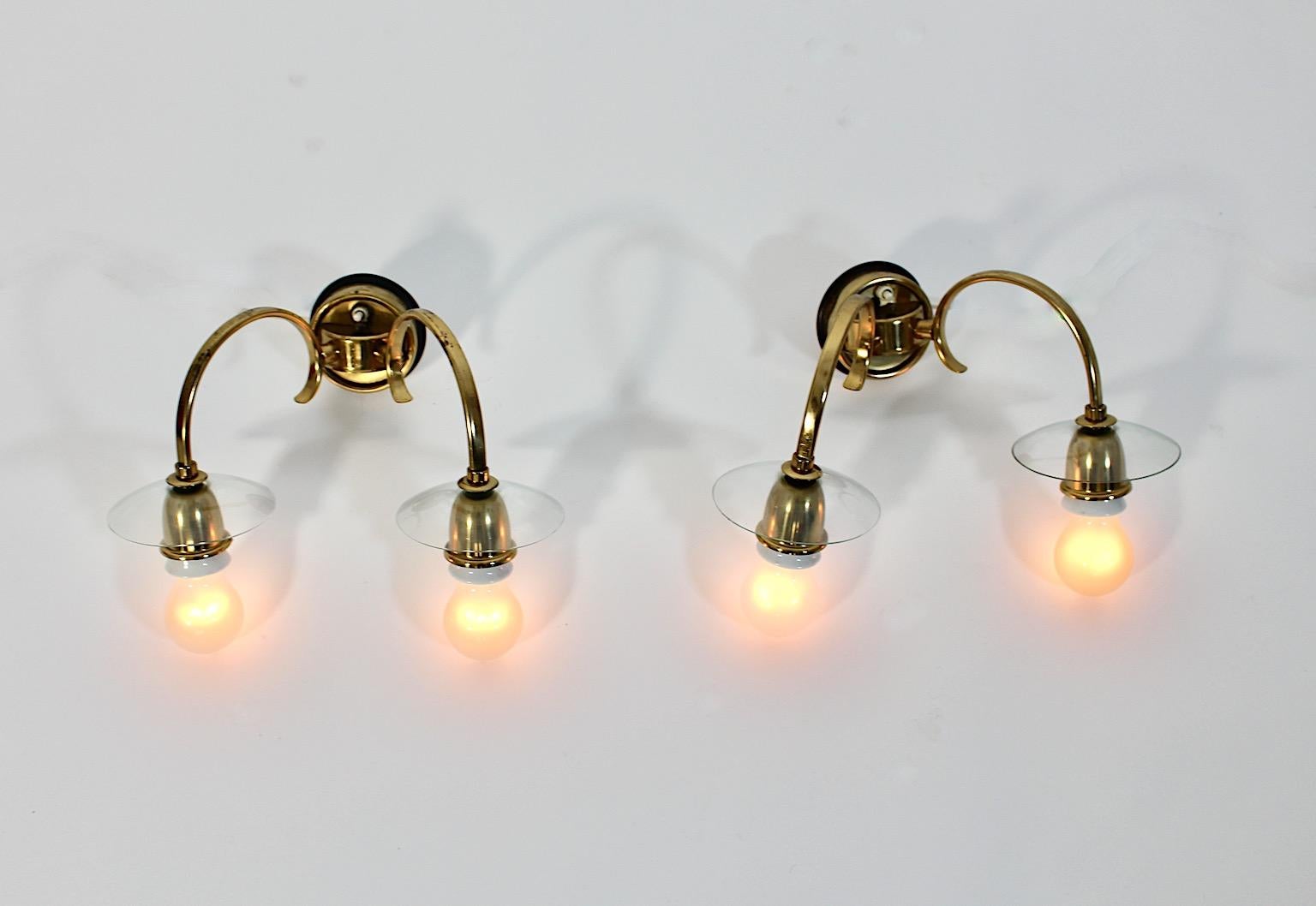 Mid Century Modern Vintage Brass Glass Sconces Wall Lights Pair Duo 1950 Austria For Sale 2